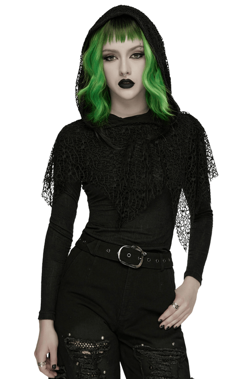 Schwarzes Kapuzenoberteil mit Netzüberzug im Wasteland-Punk-Stil