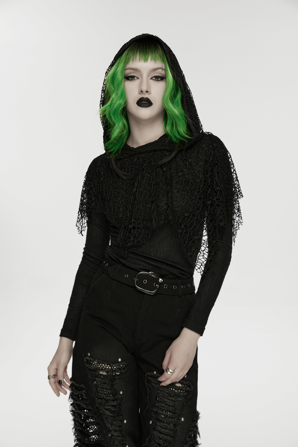 Black Hooded Mesh Overlay Wasteland Punk Top showcased by a model with green hair and a fierce expression.