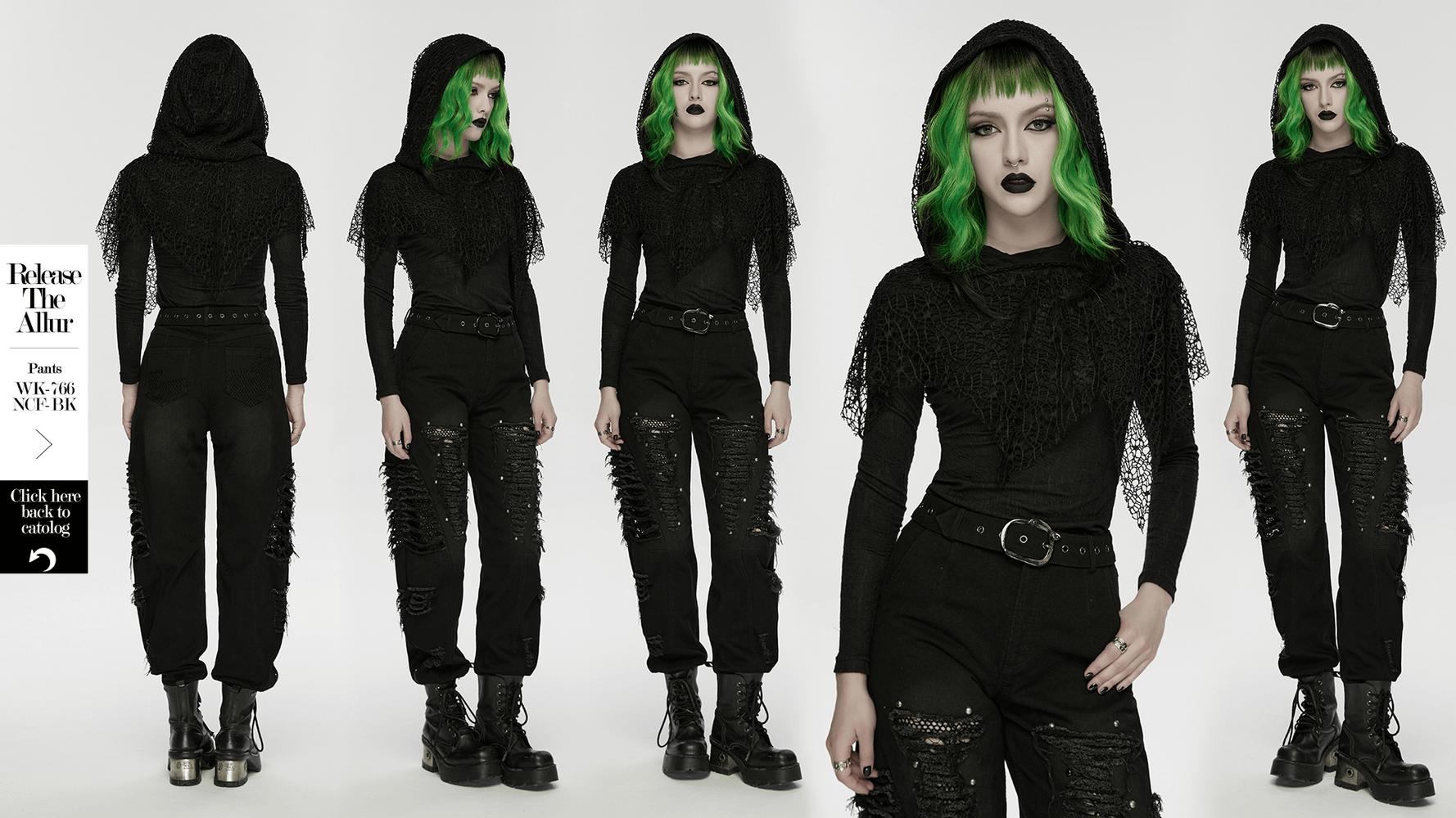 Black Hooded Mesh Overlay Wasteland Punk Top modeled by a model with green hair, showcasing a stylish gothic look.