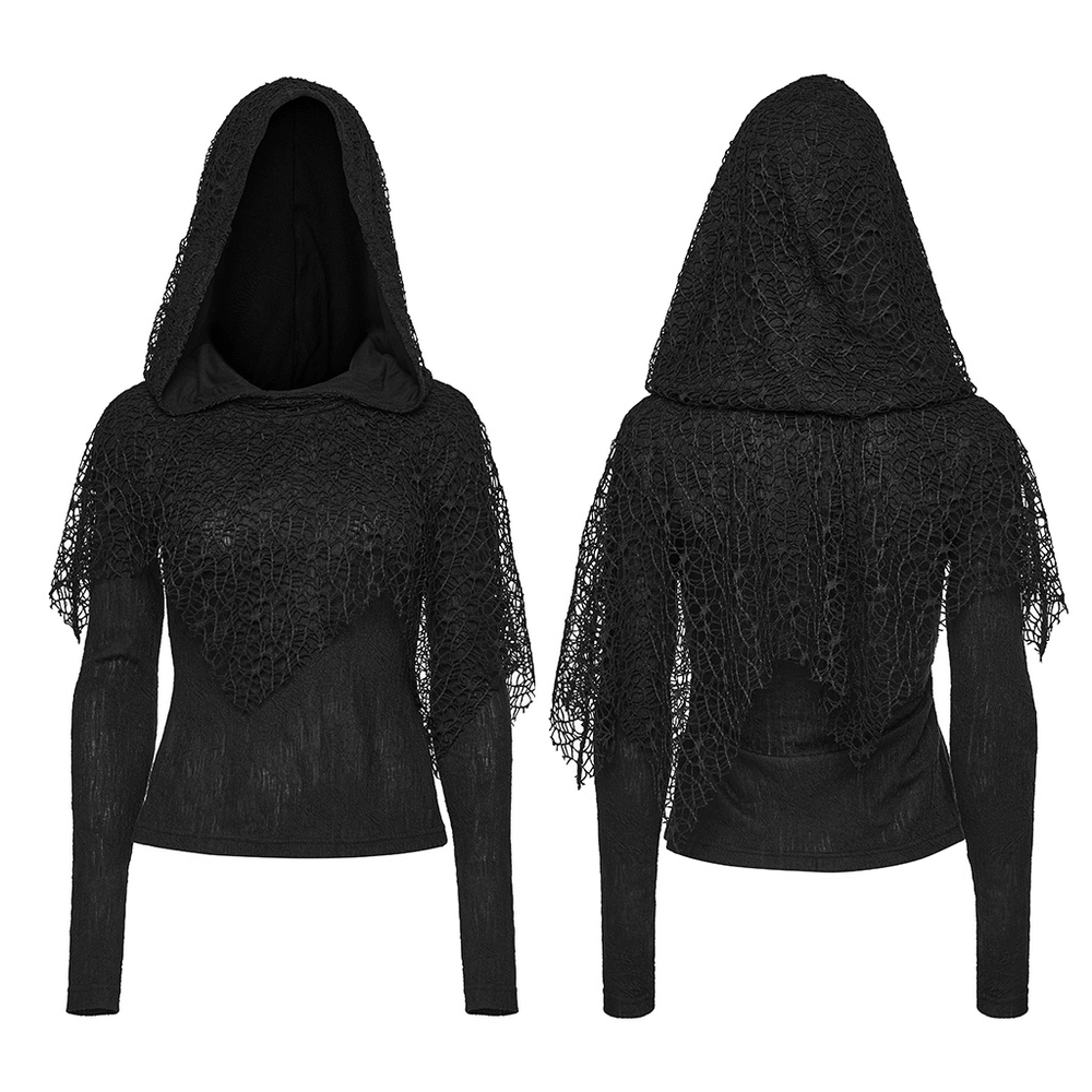 Black Hooded Mesh Overlay Wasteland Punk Top showcasing unique lace design and edgy silhouette.