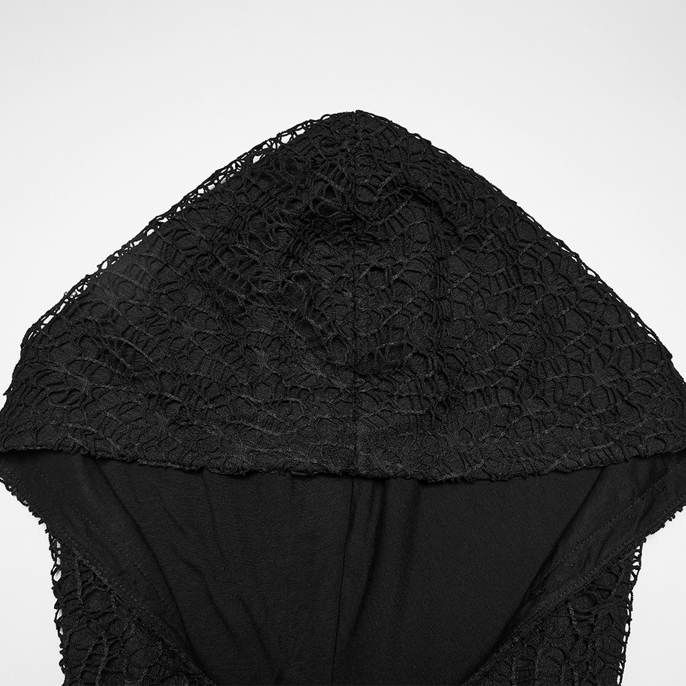 Black Hooded Mesh Overlay Wasteland Punk Top showing intricate lace hood design.