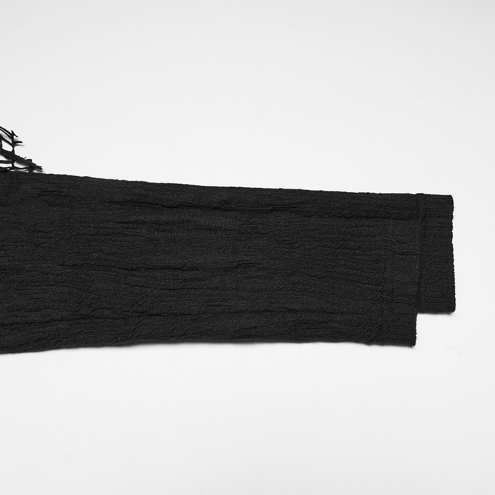 Close-up of sleeve detail of Black Hooded Mesh Overlay Wasteland Punk Top showcasing texture and unique design.