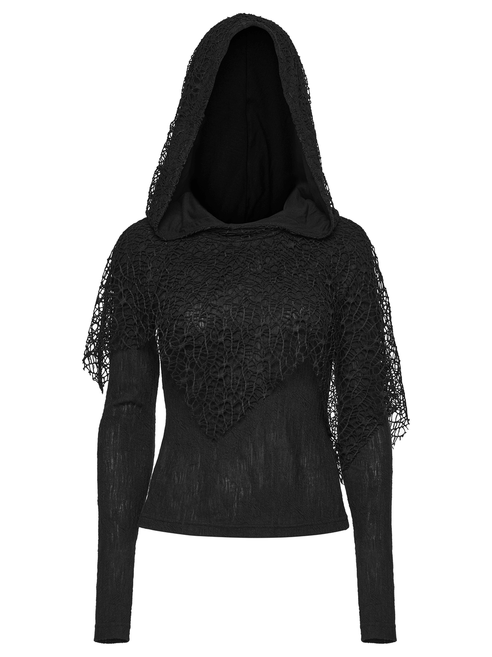 Black Hooded Mesh Overlay Wasteland Punk Top featuring a unique design and hooded silhouette.