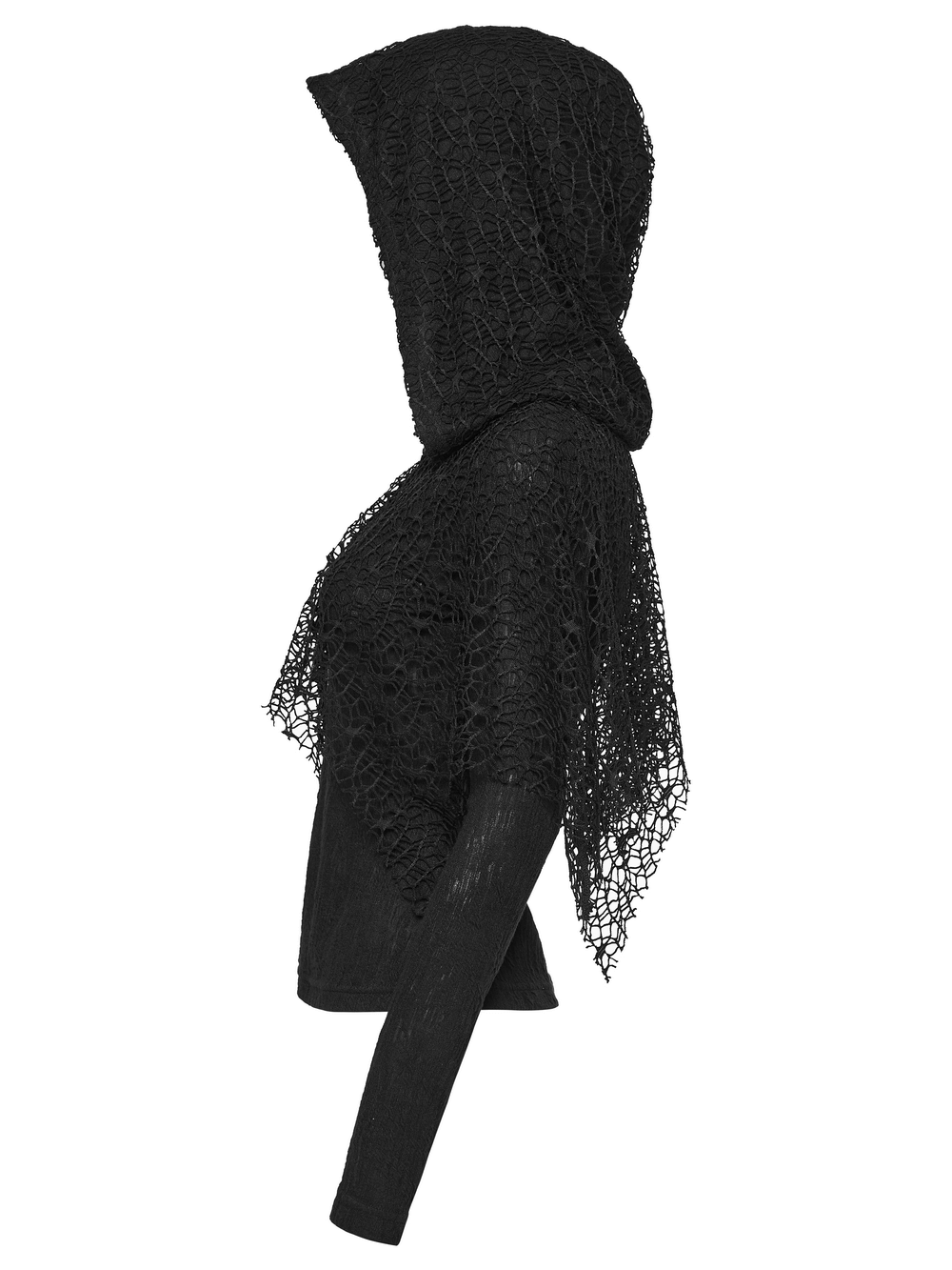 Black Hooded Mesh Overlay Wasteland Punk Top in black with a stylish mesh design and hood.