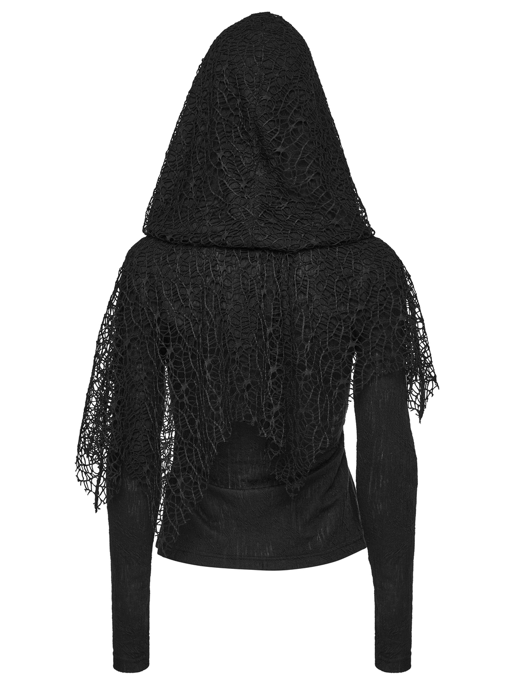 Black Hooded Mesh Overlay Wasteland Punk Top showcasing intricate mesh detailing and a stylish hood.