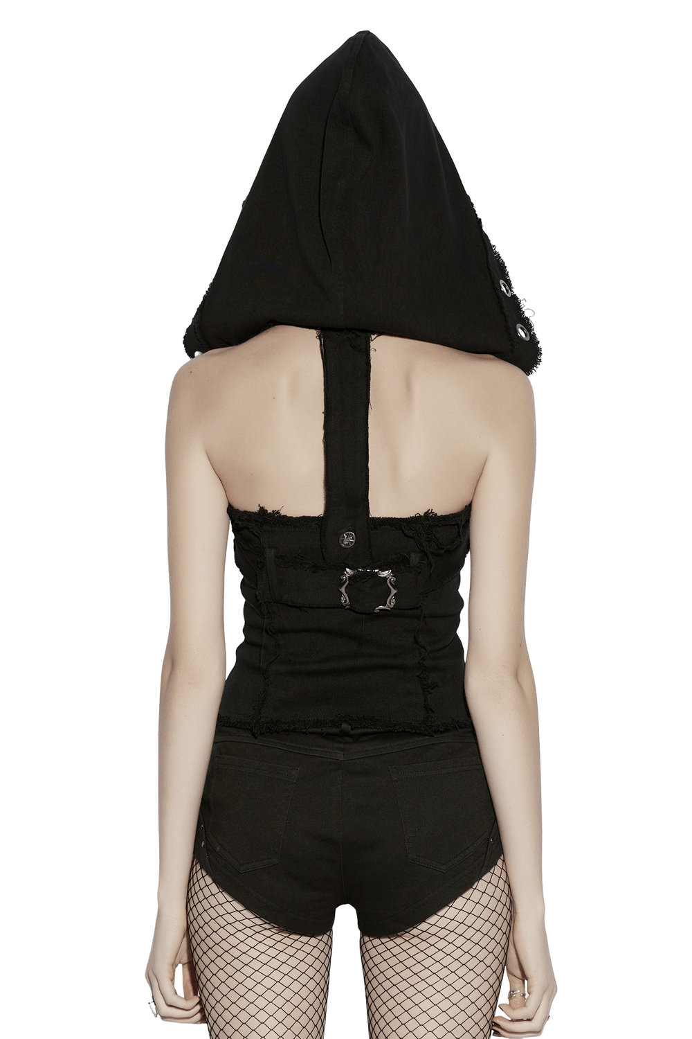 Black Hooded Punk Denim Vest with Frayed Hem