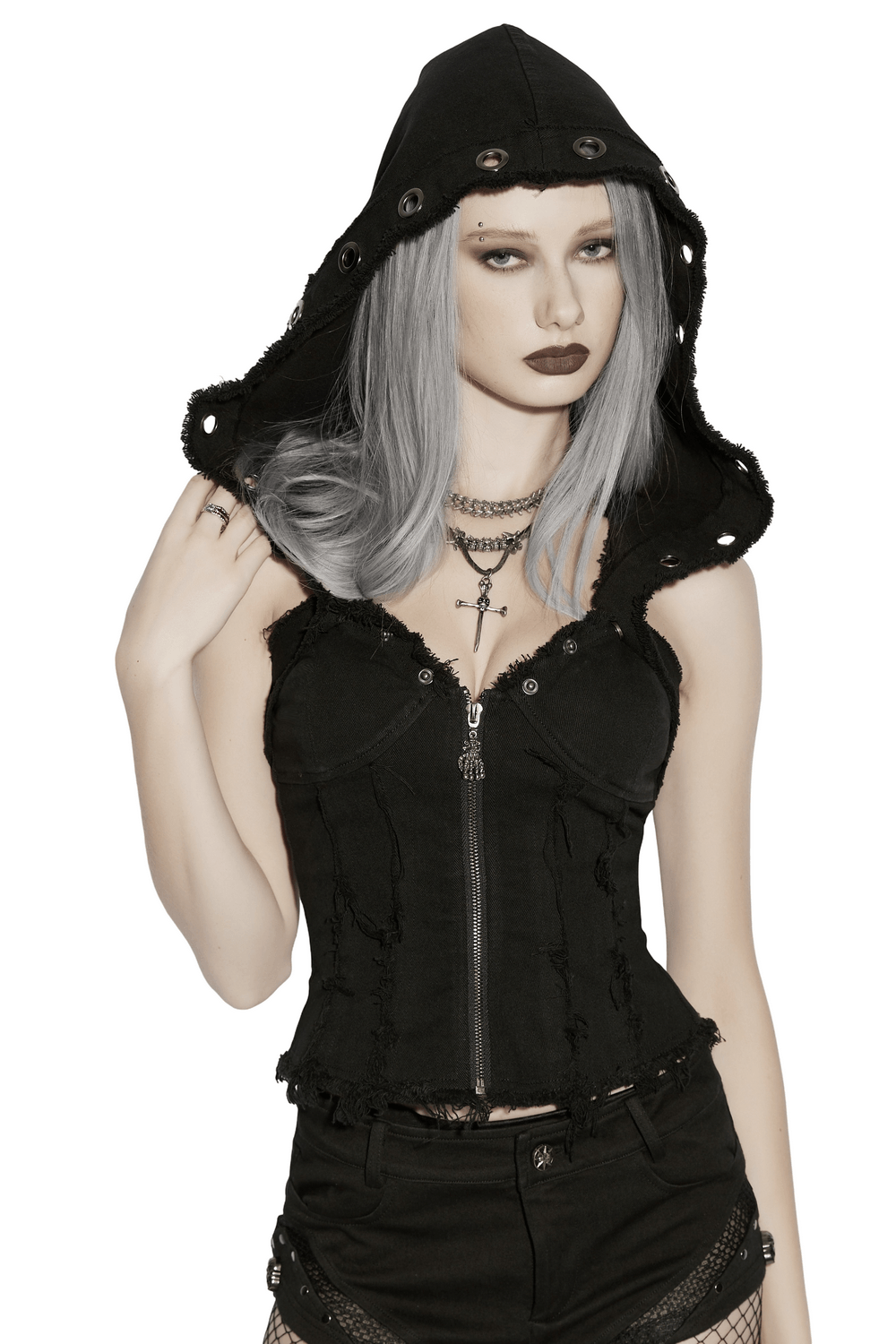 Black Hooded Punk Denim Vest with Frayed Hem