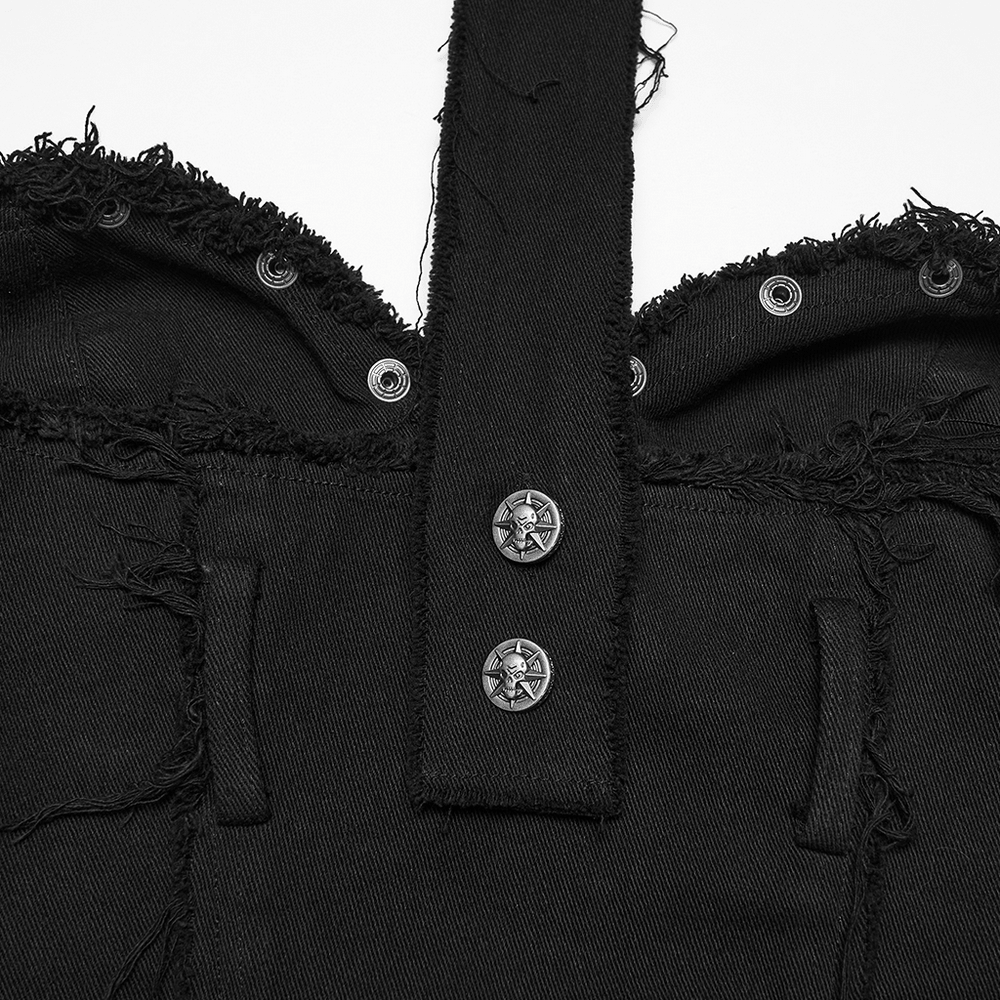 Black Hooded Punk Denim Vest with Frayed Hem