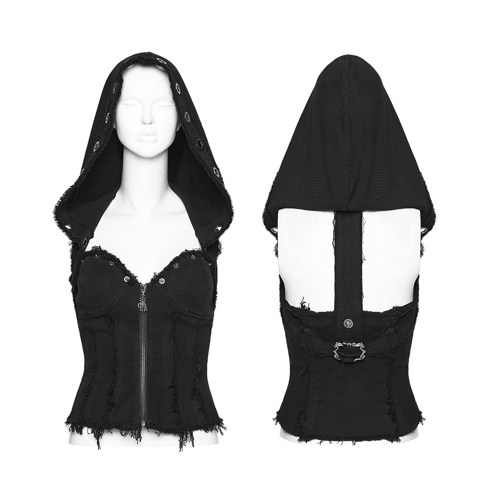 Black Hooded Punk Denim Vest with Frayed Hem