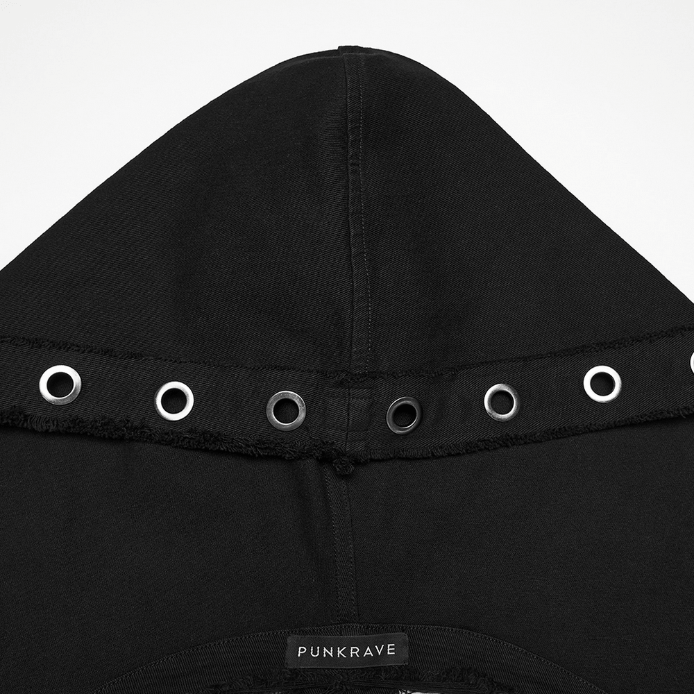 Black Hooded Punk Denim Vest with Frayed Hem