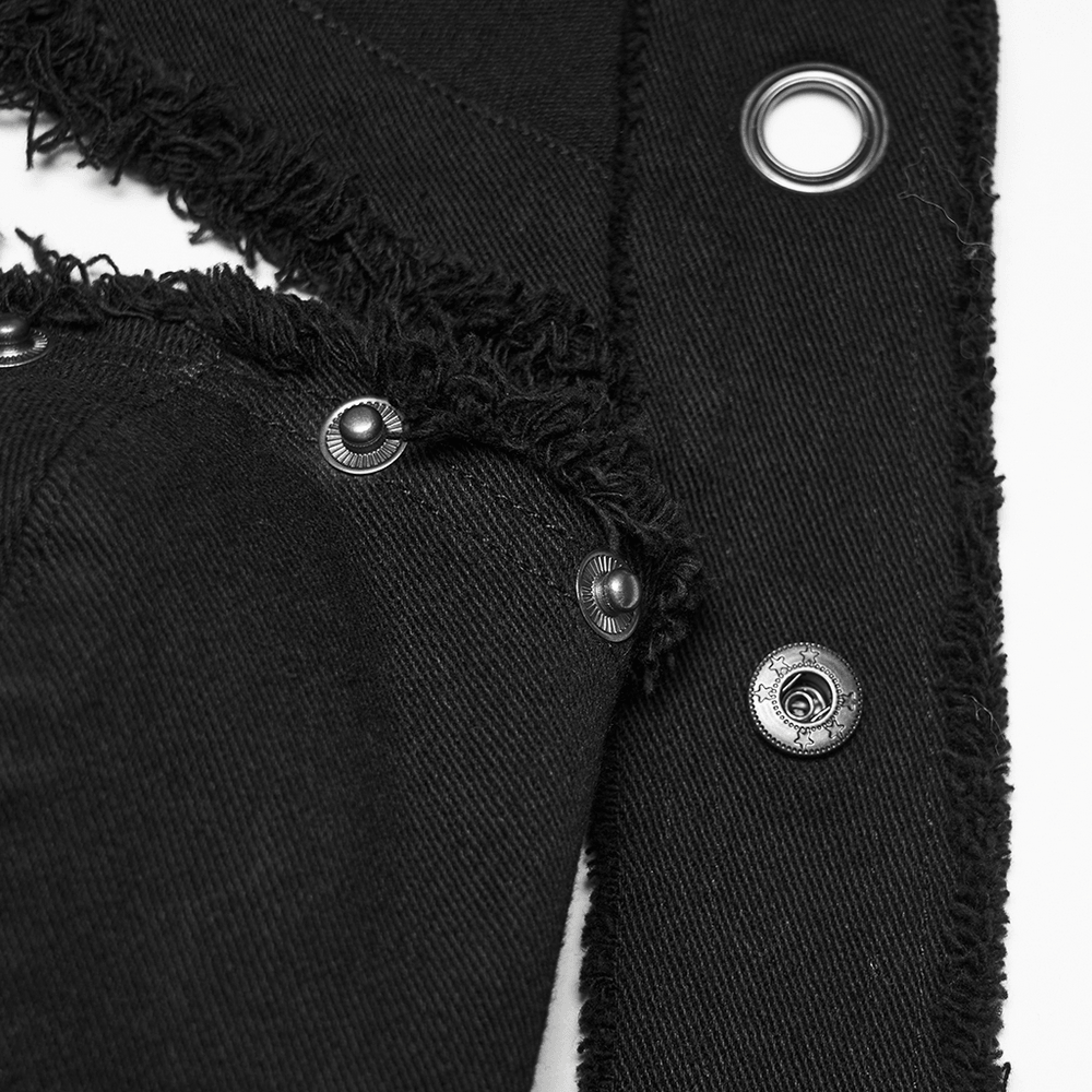 Black Hooded Punk Denim Vest with Frayed Hem