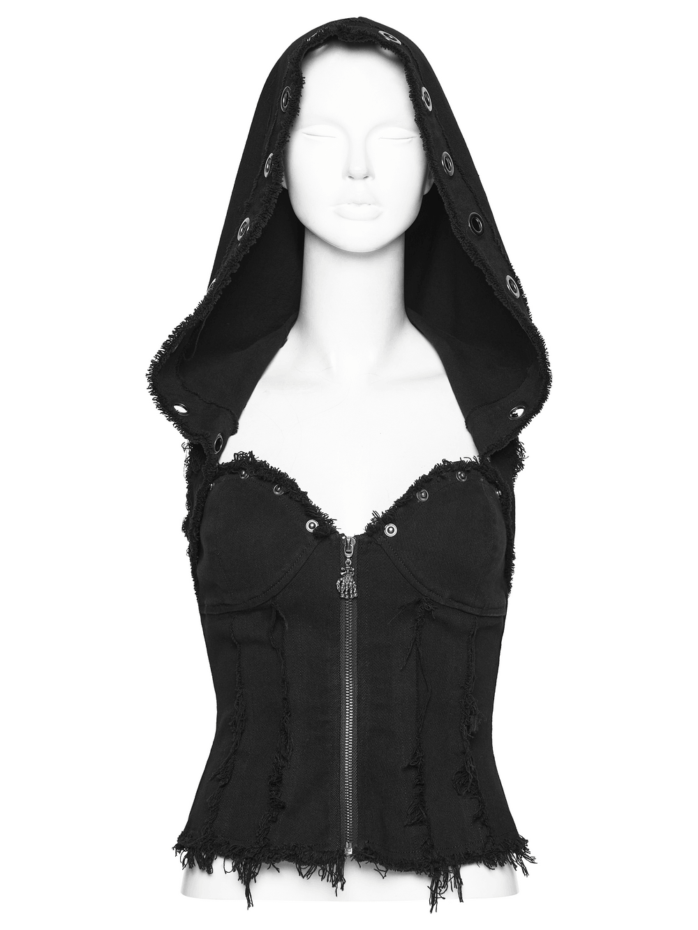 Black Hooded Punk Denim Vest with Frayed Hem