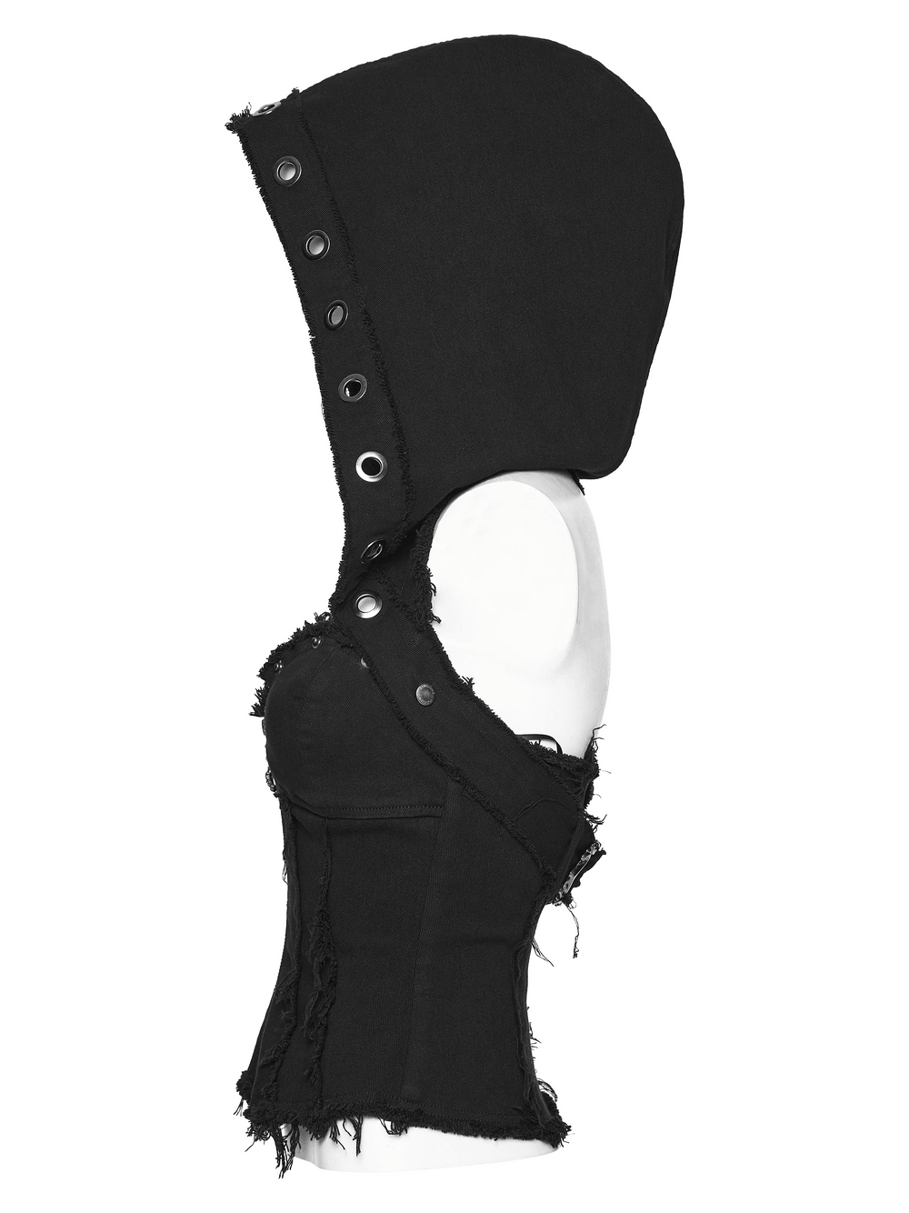 Black Hooded Punk Denim Vest with Frayed Hem