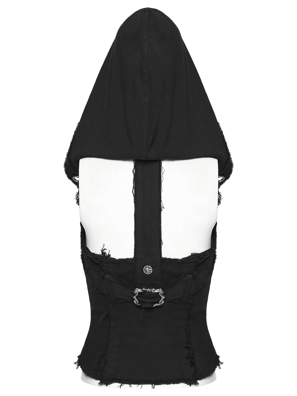 Black Hooded Punk Denim Vest with Frayed Hem