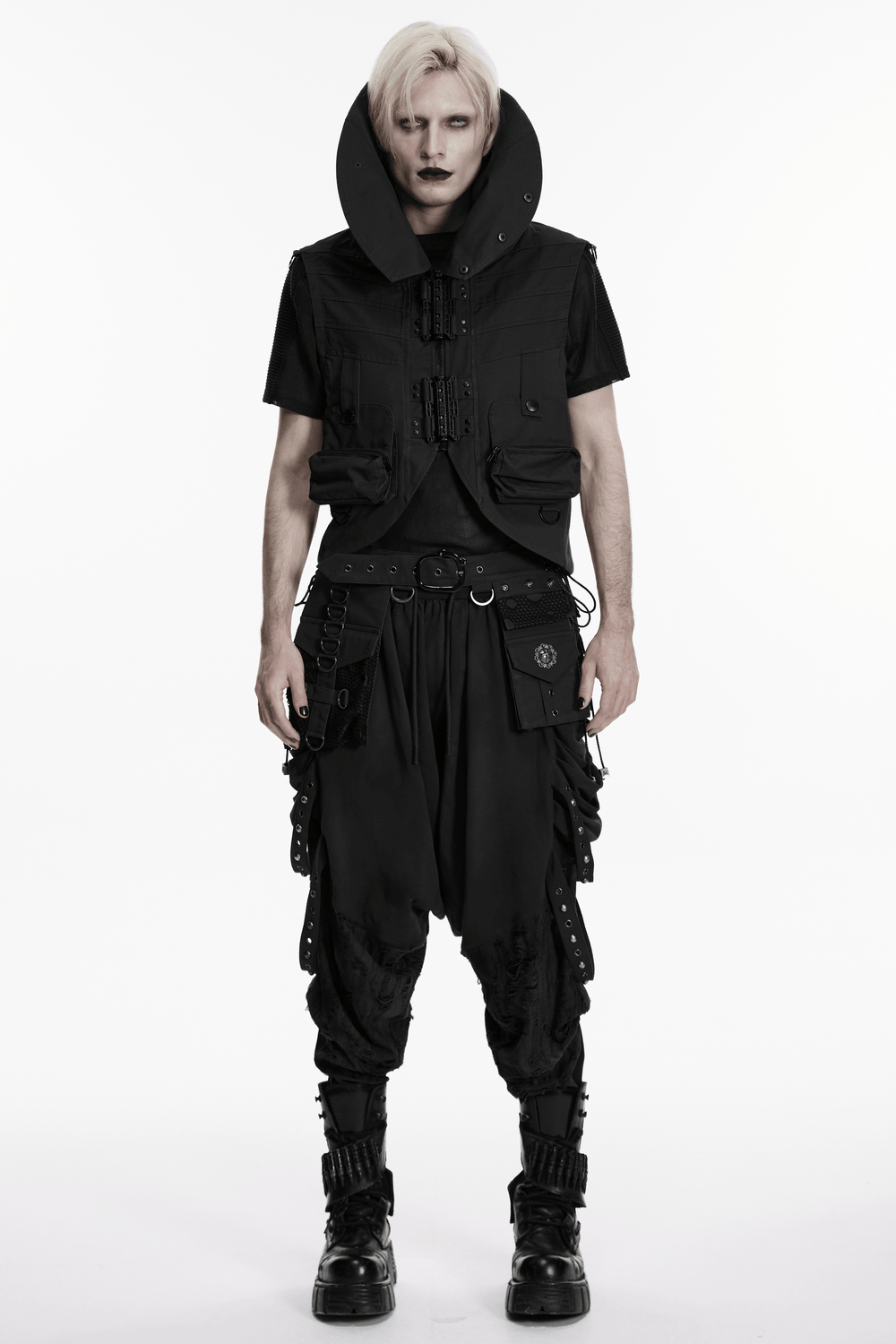 Black Industrial Punk Utility Vest with Stand Collar