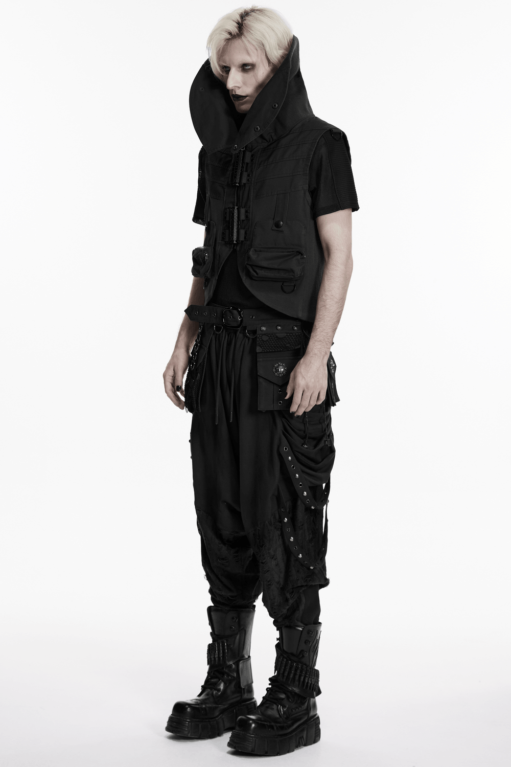 Black Industrial Punk Utility Vest with Stand Collar