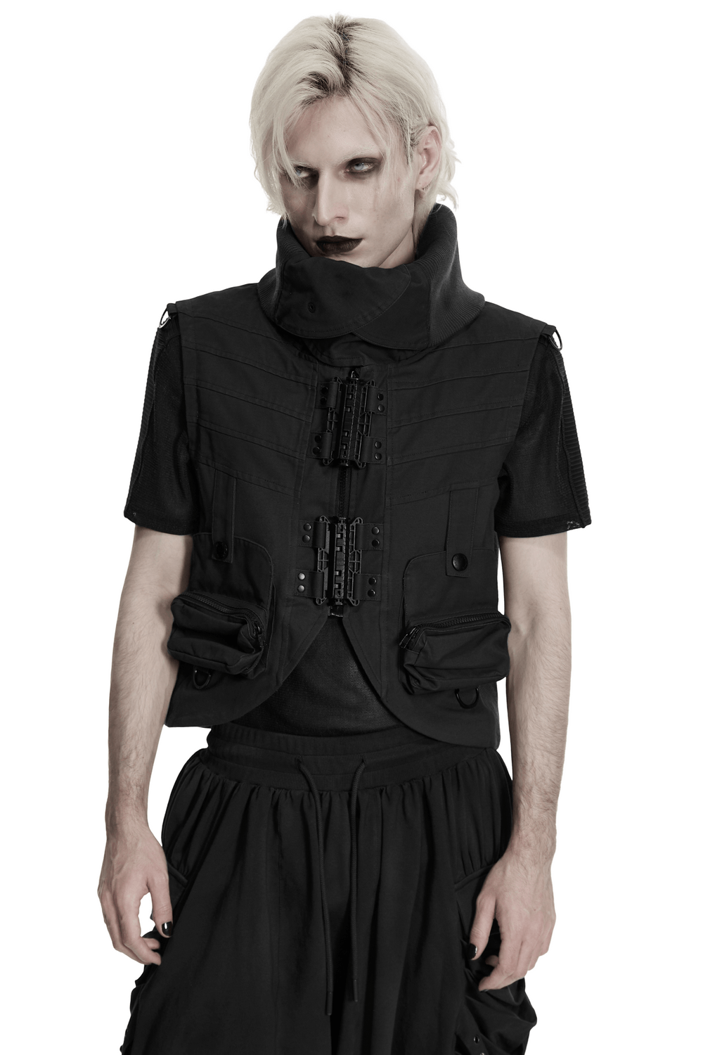 Black Industrial Punk Utility Vest with Stand Collar