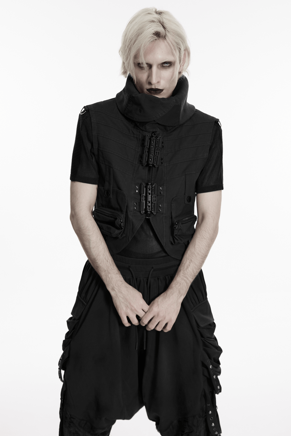 Black Industrial Punk Utility Vest with Stand Collar