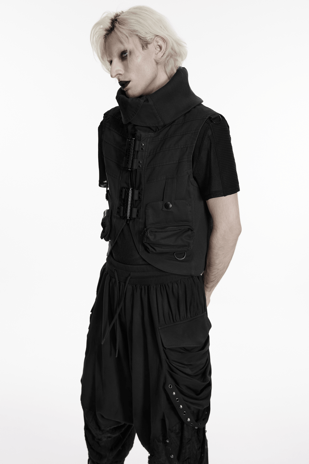 Black Industrial Punk Utility Vest with Stand Collar
