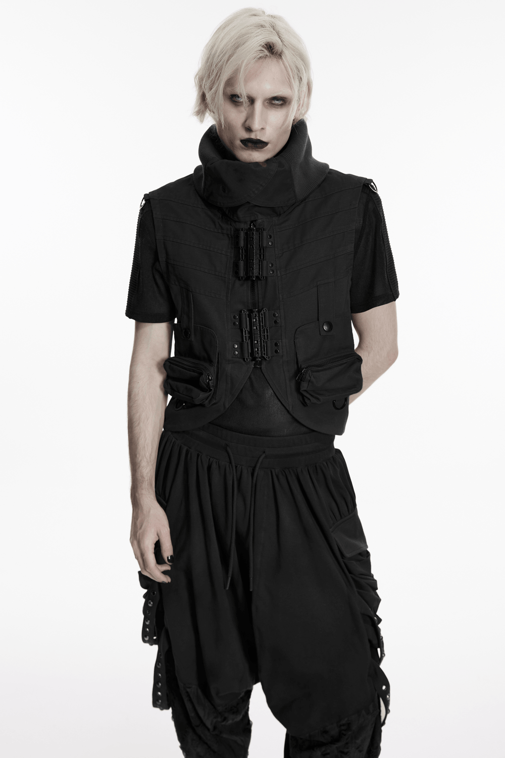 Black Industrial Punk Utility Vest with Stand Collar