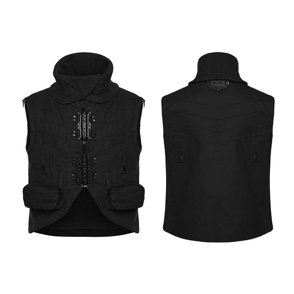 Black Industrial Punk Utility Vest with Stand Collar