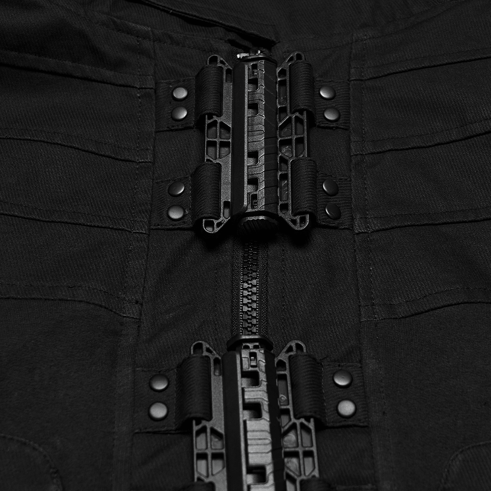 Black Industrial Punk Utility Vest with Stand Collar