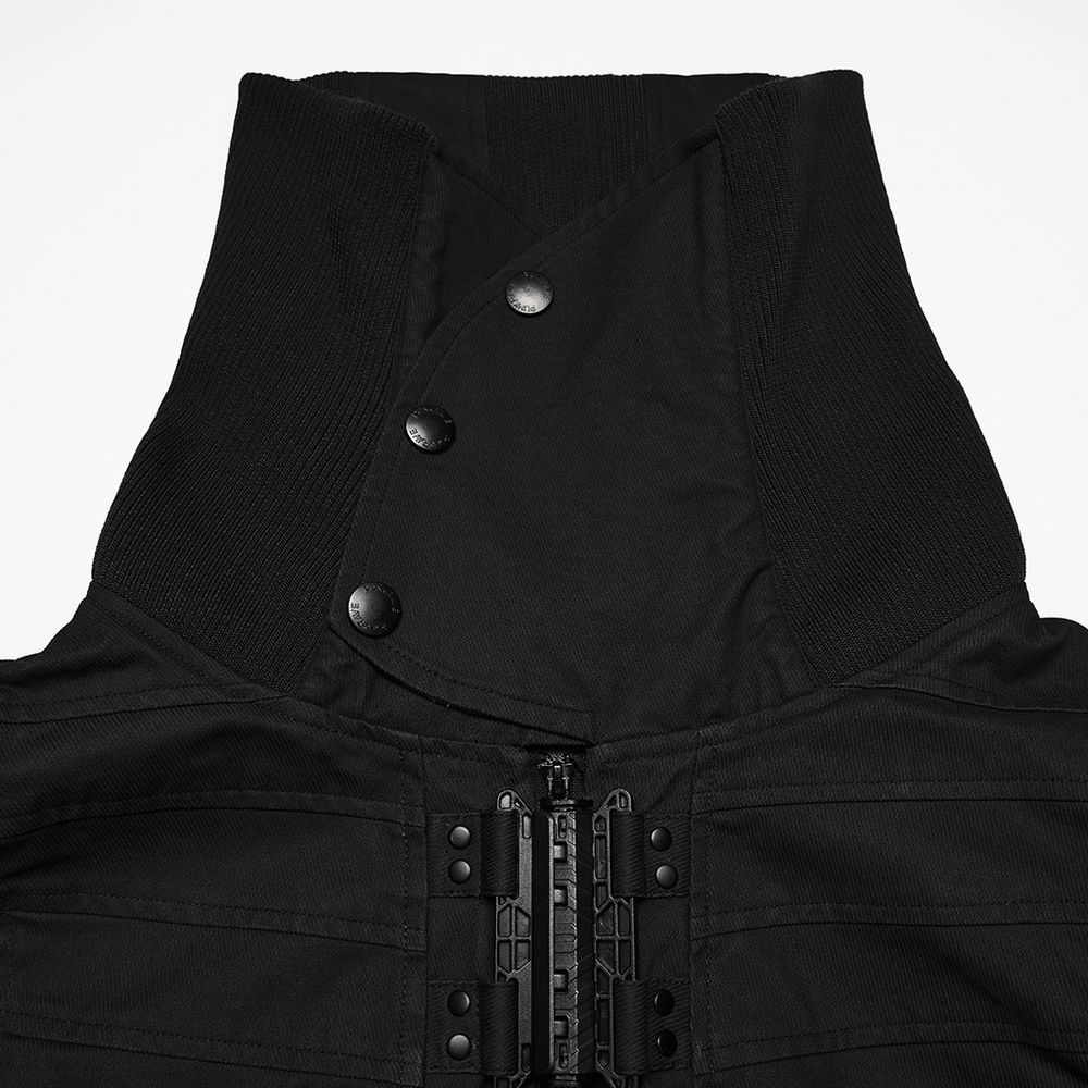 Black Industrial Punk Utility Vest with Stand Collar
