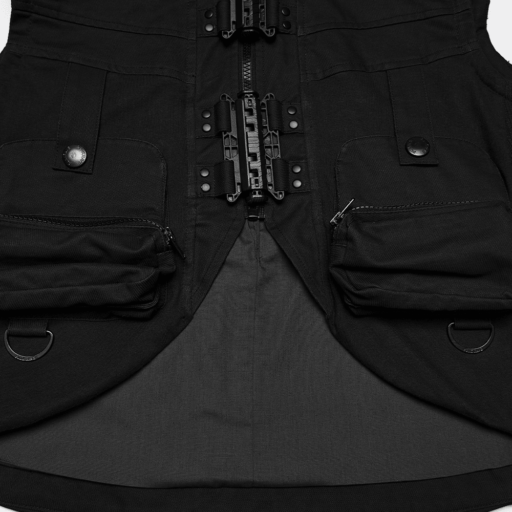 Black Industrial Punk Utility Vest with Stand Collar