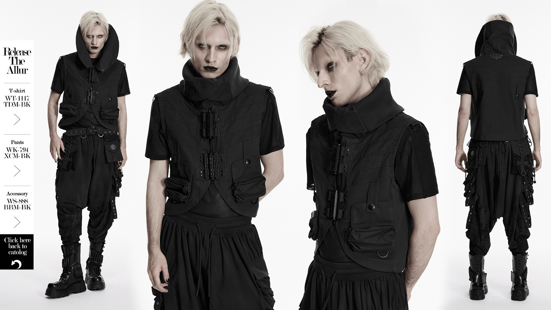 Black Industrial Punk Utility Vest with Stand Collar