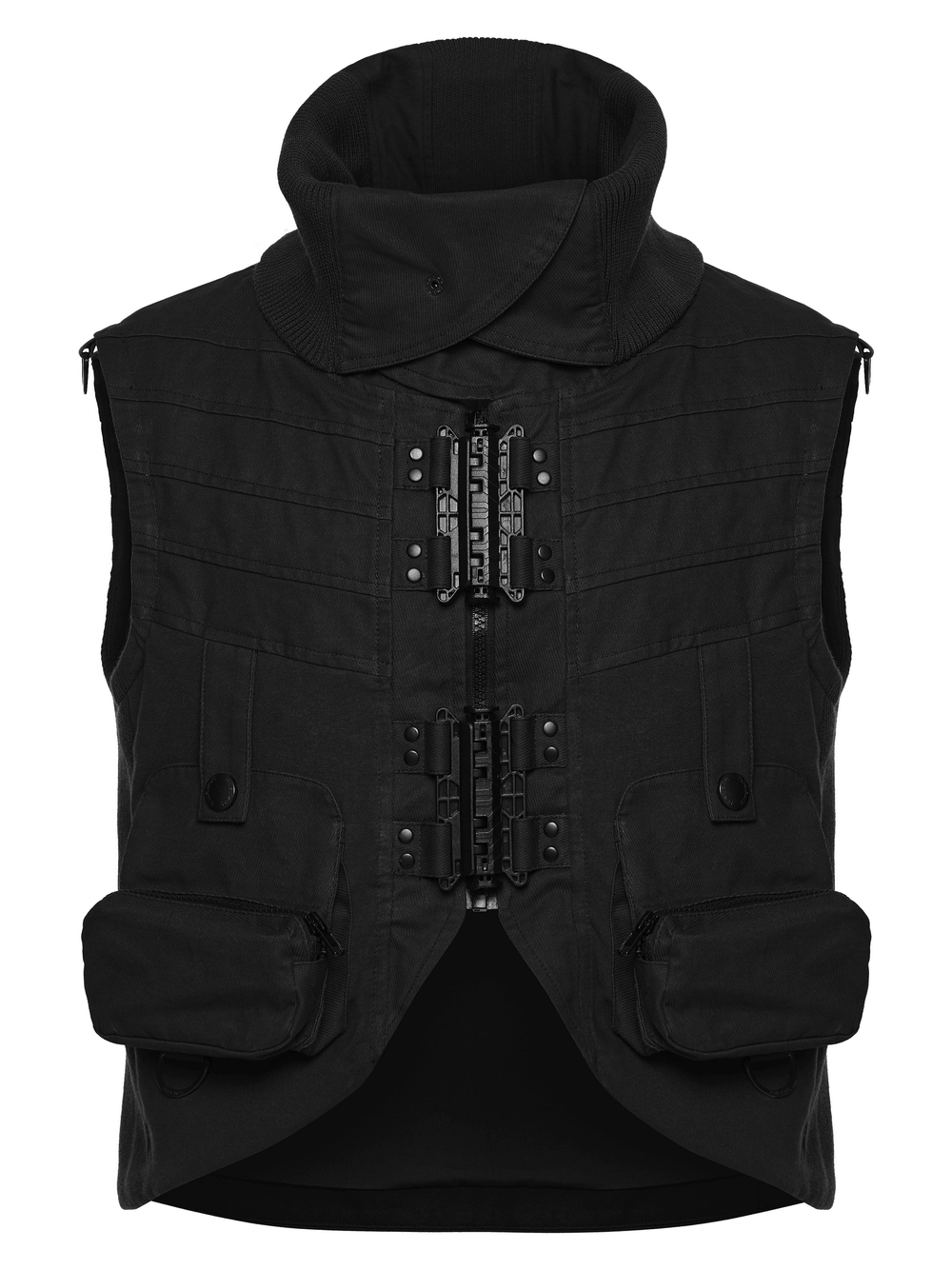 Black Industrial Punk Utility Vest with Stand Collar