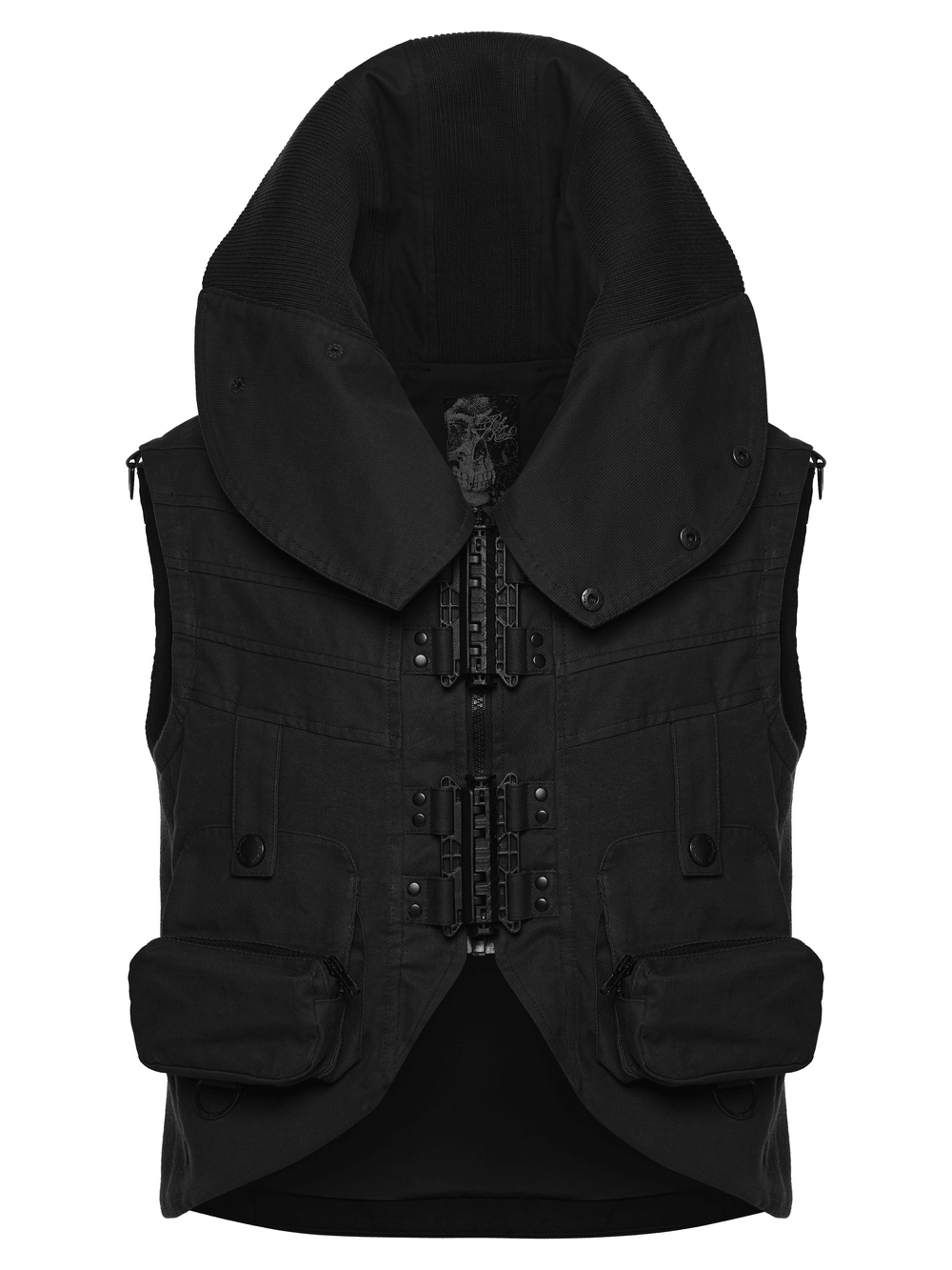 Black Industrial Punk Utility Vest with Stand Collar