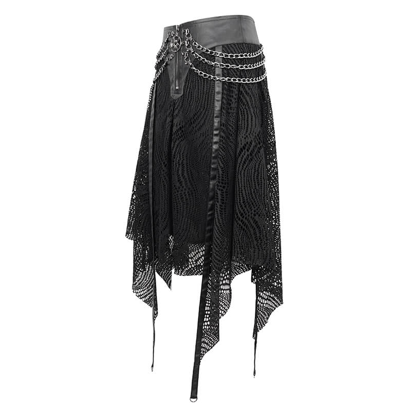 Black irregular skirt with metal chain detail and front zipper, perfect for gothic fashion lovers.