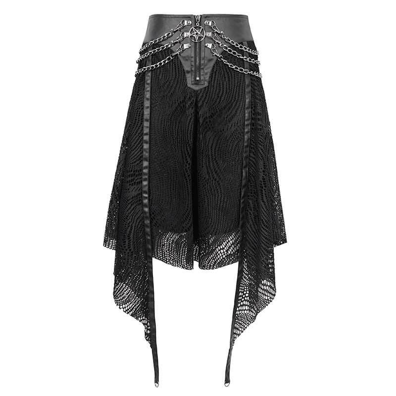 Gothic black irregular skirt with metal chain detail and front zipper closure, perfect for edgy fashion lovers.