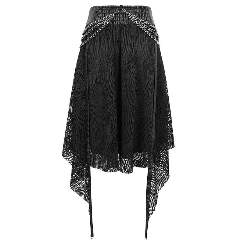 Gothic black irregular skirt with metal chain detail and front zipper closure for ladies.