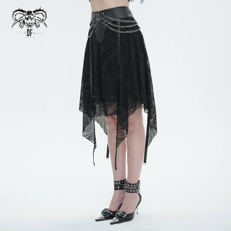 Gothic women's black irregular skirt with metal chain details and front zipper, styled for edgy fashionistas.