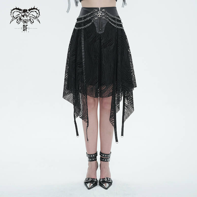 Black irregular metal chain decorated skirt for ladies with edgy front zipper closure.