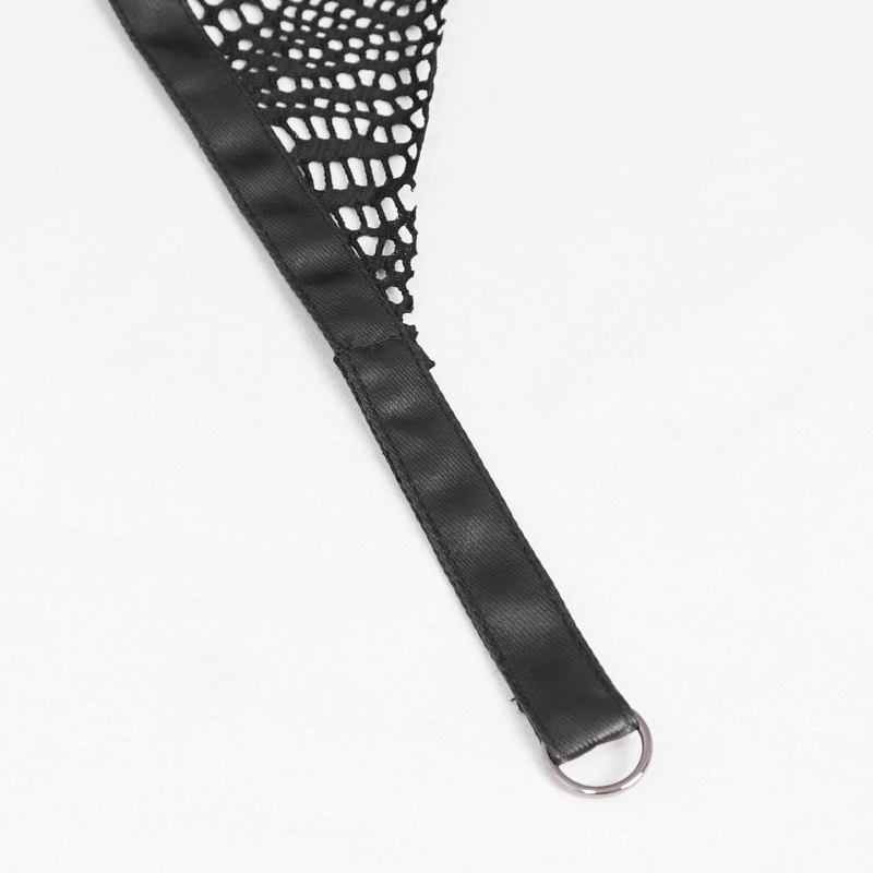 Close-up of black irregular chain detail on gothic women's skirt, highlighting unique texture and design elements.