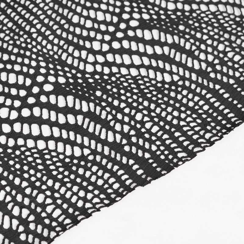 Close-up of unique black lace fabric with intricate pattern, perfect for gothic skirts and edgy fashion creations.