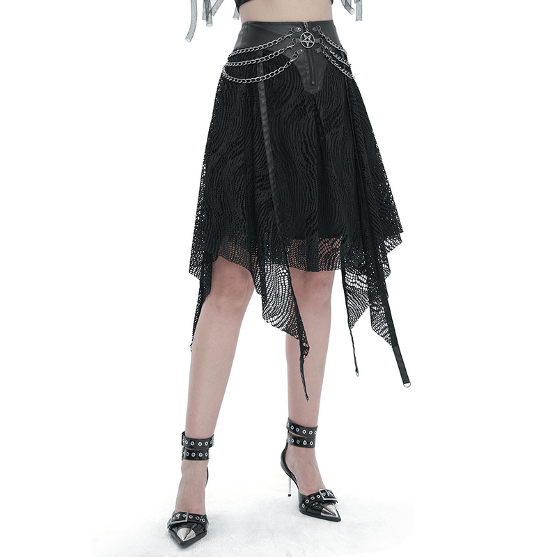 Black irregular skirt with metal chain detailing and front zipper, perfect for gothic fashion enthusiasts.