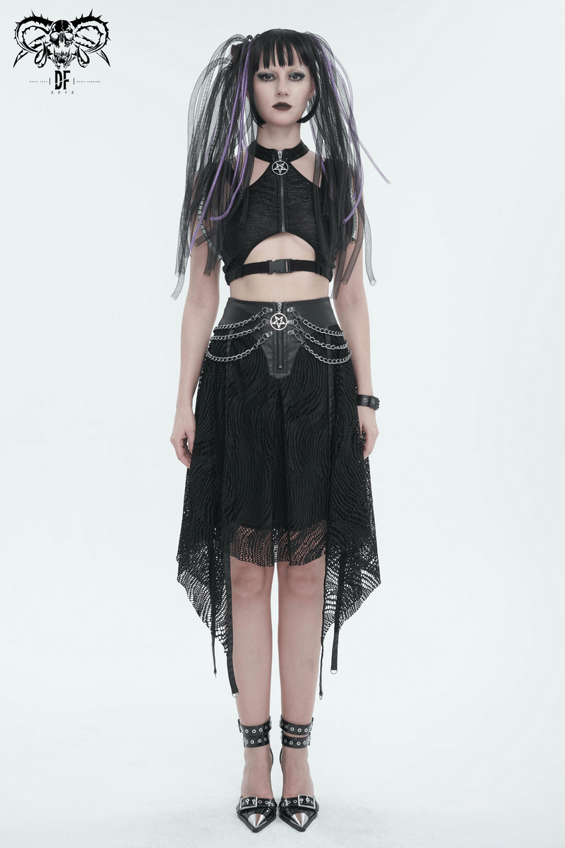 Gothic woman in black irregular skirt with metal chains, showcasing edgy fashion and dark elegance.