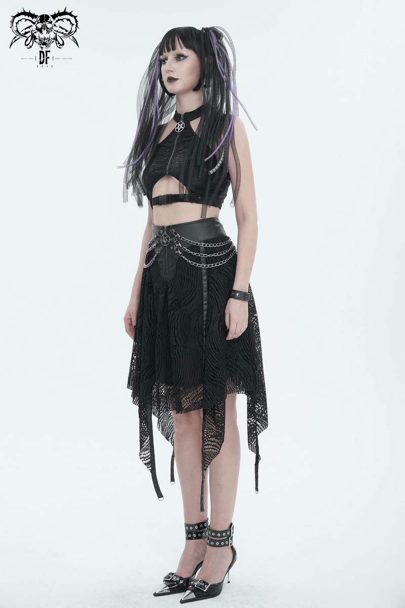 Gothic black irregular skirt with metal chain detail and front zipper, styled with edgy accessories for a dramatic look.
