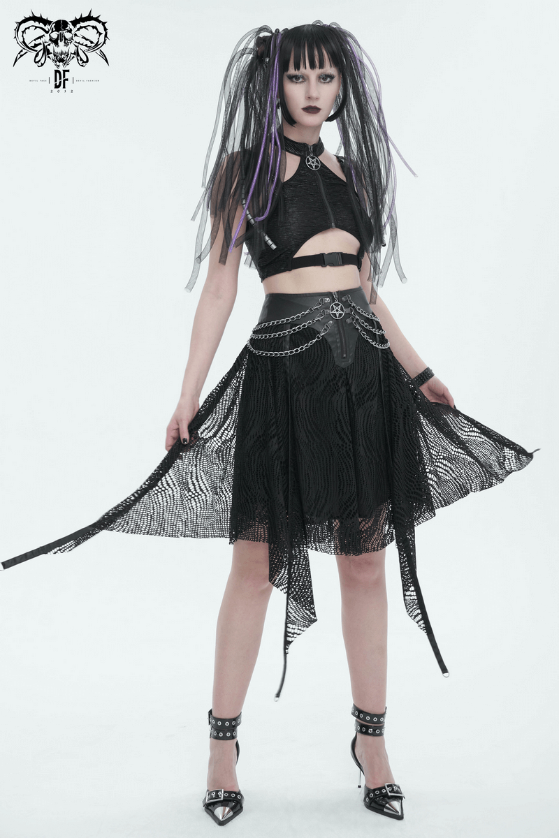 Gothic women's black irregular skirt with metal chain detail, worn by model with edgy hairstyle and accessories.
