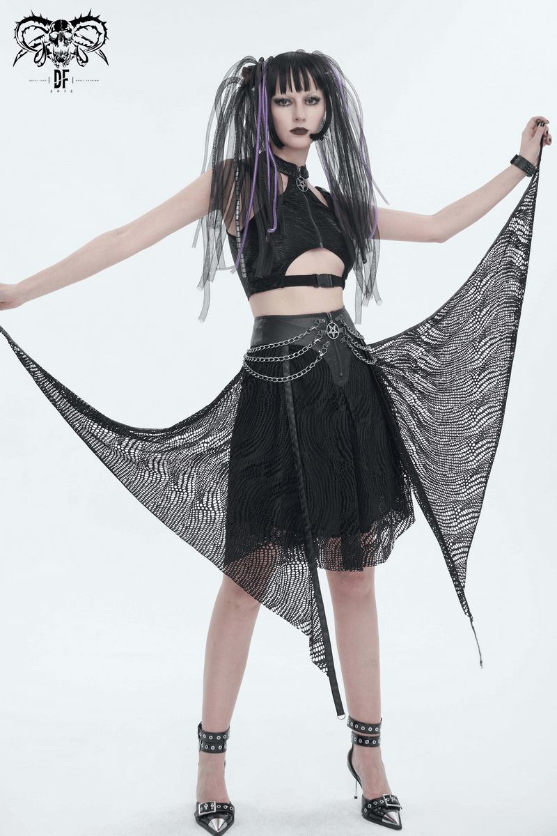 Gothic women's black irregular skirt with chain detail, showcasing edgy style and unique design.