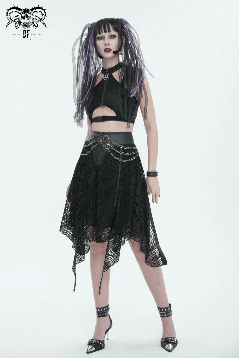 Gothic women's irregular black skirt with metal chain details, paired with edgy crop top and stylish high heels.