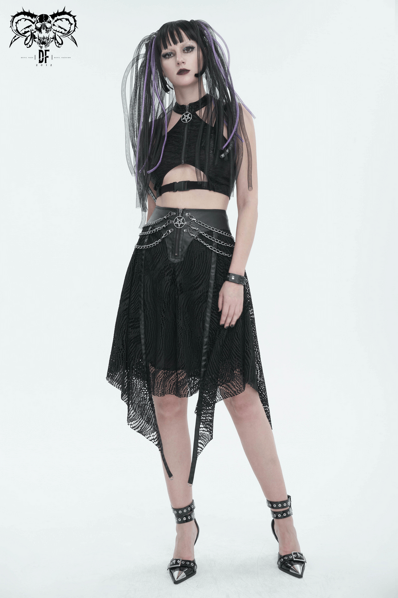 Gothic woman in black irregular skirt with metal chain details, showcasing edgy style and dark elegance.