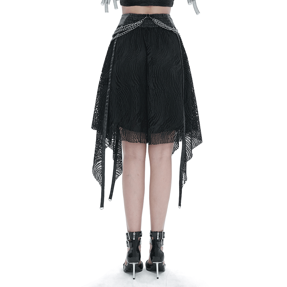 Back view of gothic women's black irregular skirt with metal chain detail, showcasing edgy fashion style.
