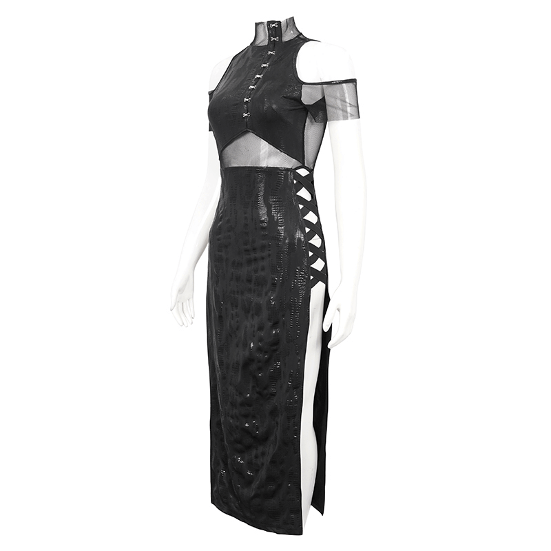 Black Irregular Off Shoulder Splice Split Dress / Women's Mesh Slim Fitted Dress on Sides - HARD'N'HEAVY