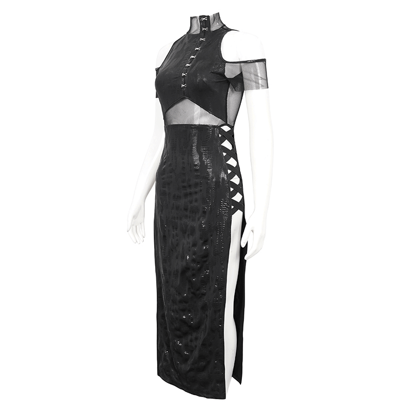 Elegant black off-shoulder splice split dress with mesh details, perfect for alternative chic style and slim fitted look.