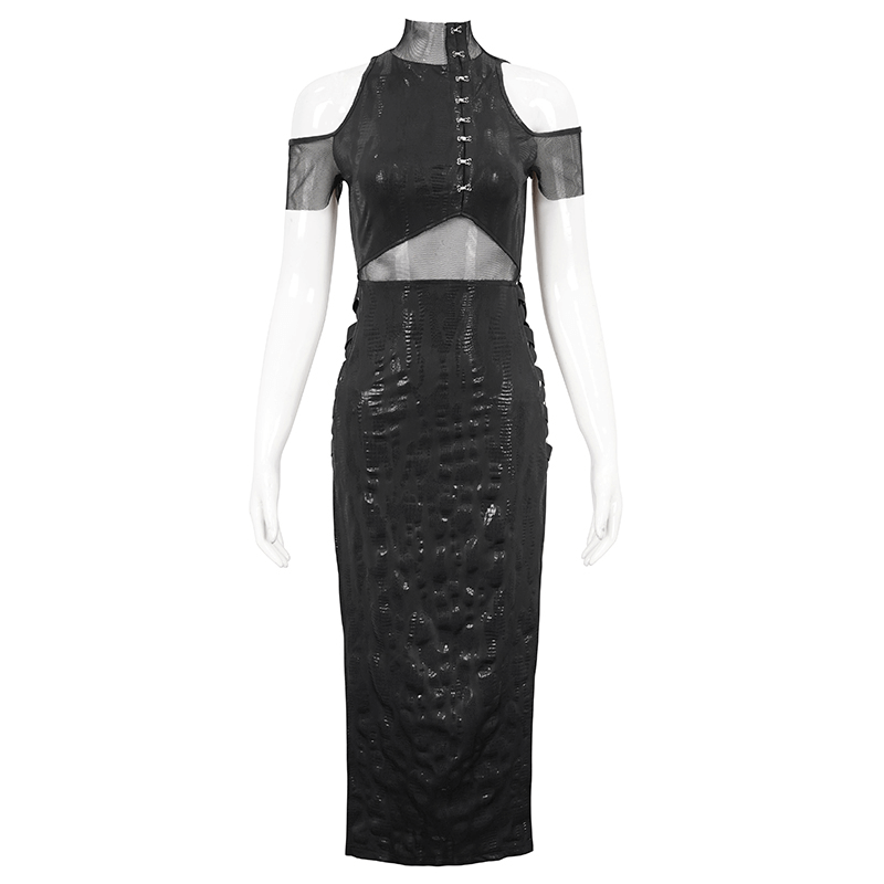 Black off-shoulder splice split dress with mesh details, slim fitted design, perfect for bold, alternative fashion.