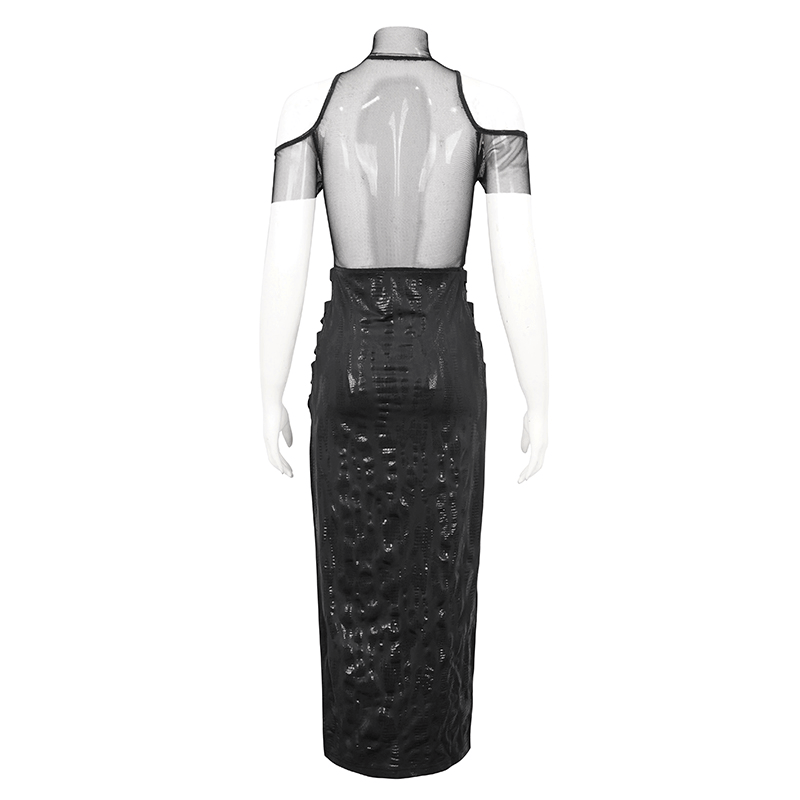 Back view of women's black off-shoulder splice split dress with mesh details and slim fit.
